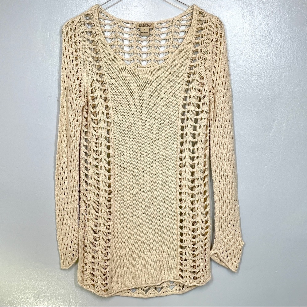 Lucky Brand Ivory/Cream Crocheted Pullover Sweater Knit Front High Low Hem Sz S